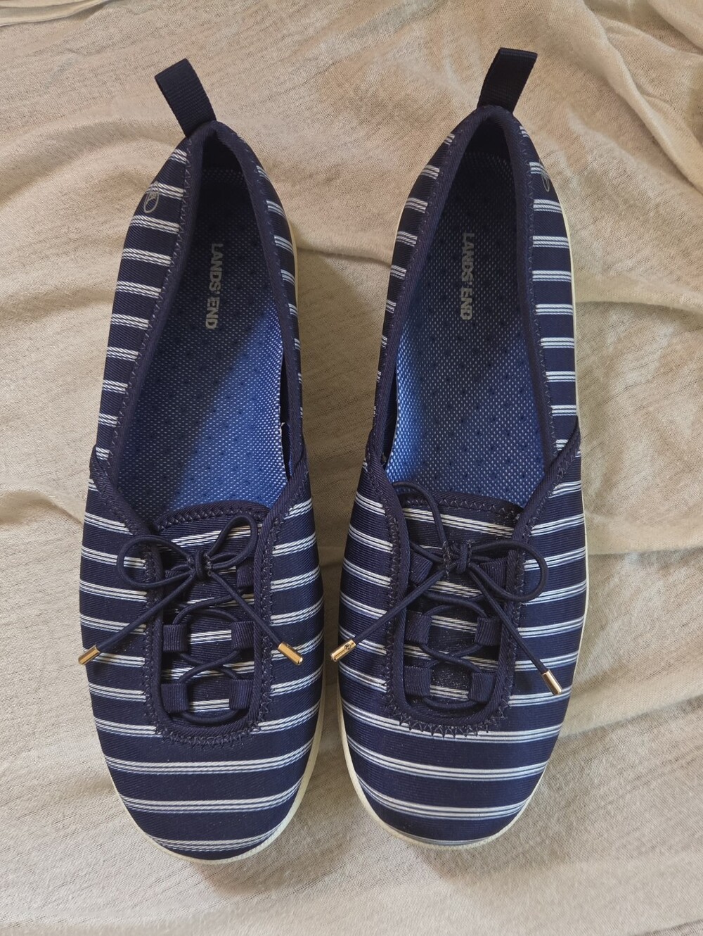 Water Shoes. Lands' End Navy and White Striped Women's Slip-On.